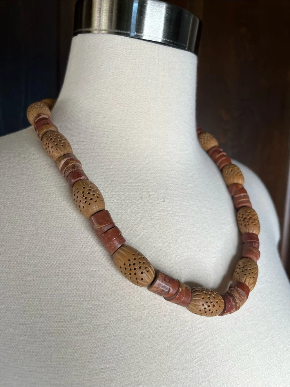 Vintage Clay Bead Statement Necklace Chunky Unique Jewelry Tribal Earthy Boho